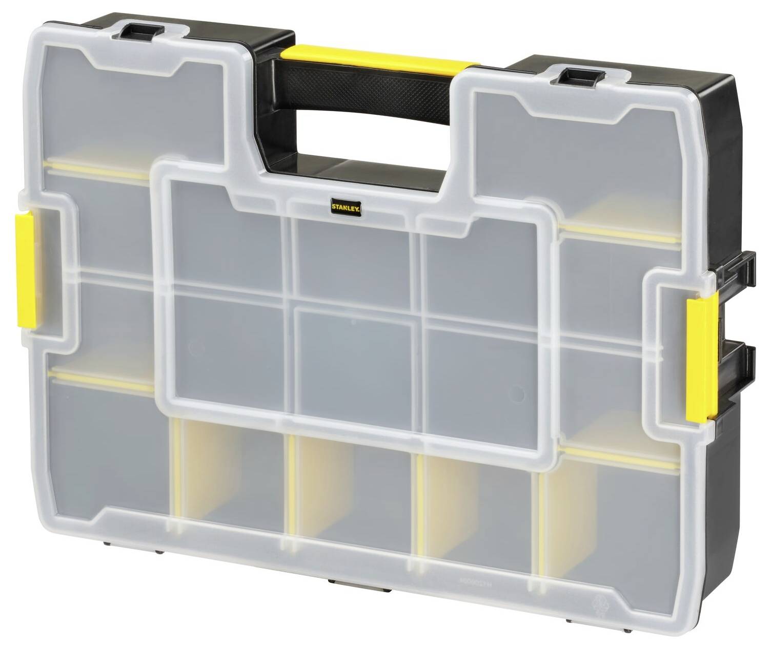Transparent plastic storage box with yellow lids and black handle, suitable for organising smaller items.