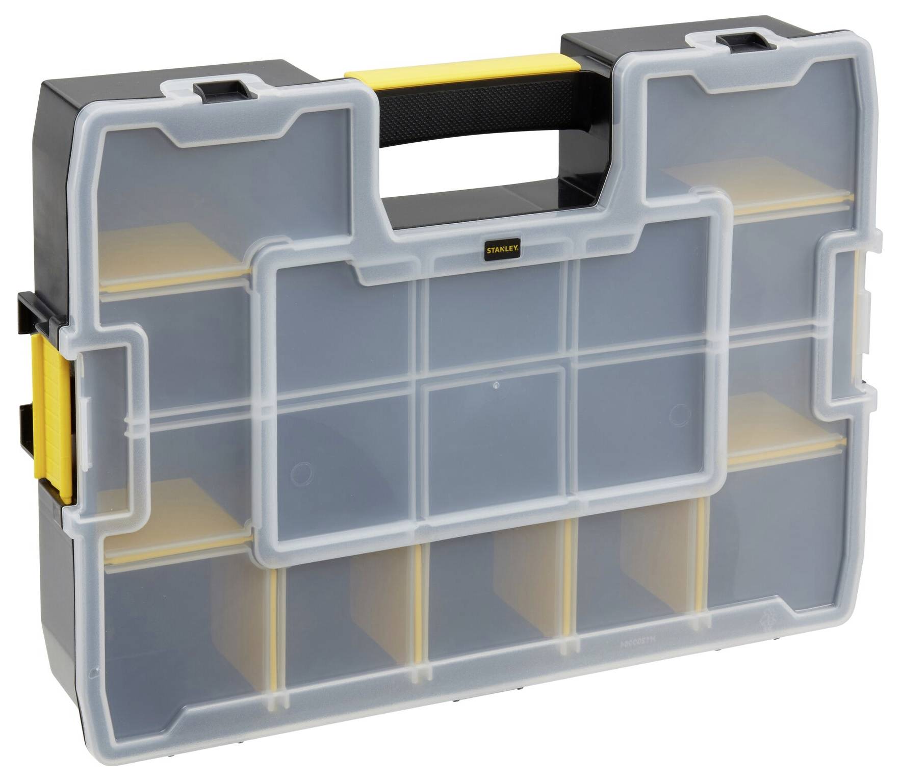 Transparent tool case with a yellow and black handle, containing multiple compartments for storing tools or small parts.