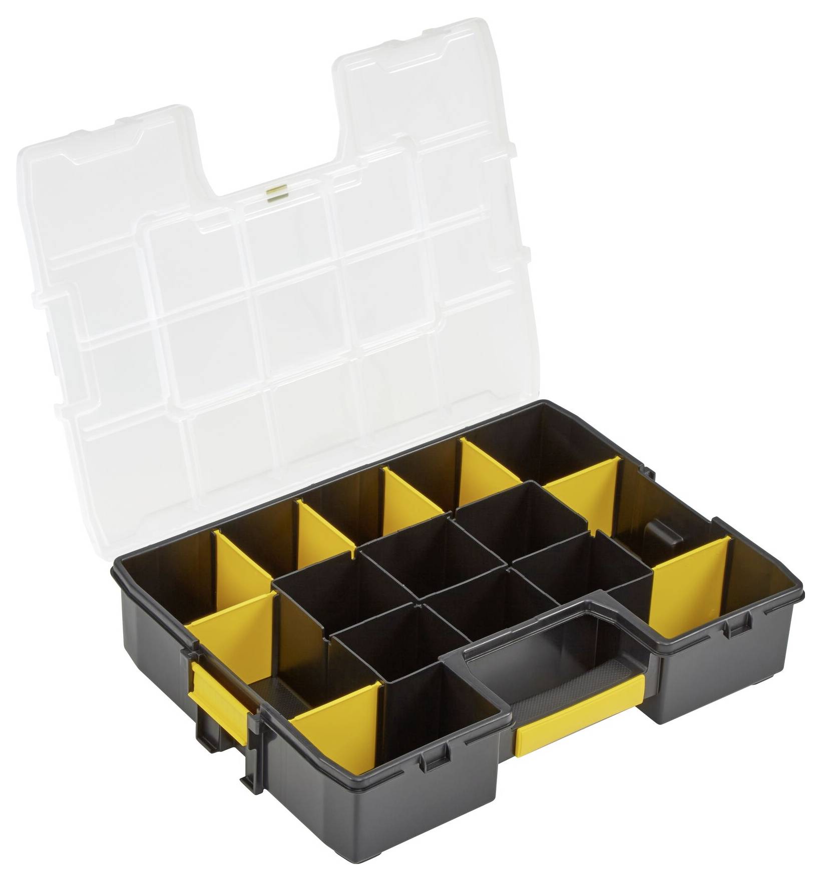Open black and yellow plastic organiser with a transparent lid, featuring adjustable compartments for storage.