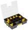 Open black and yellow plastic organiser with a transparent lid, featuring adjustable compartments for storage.
