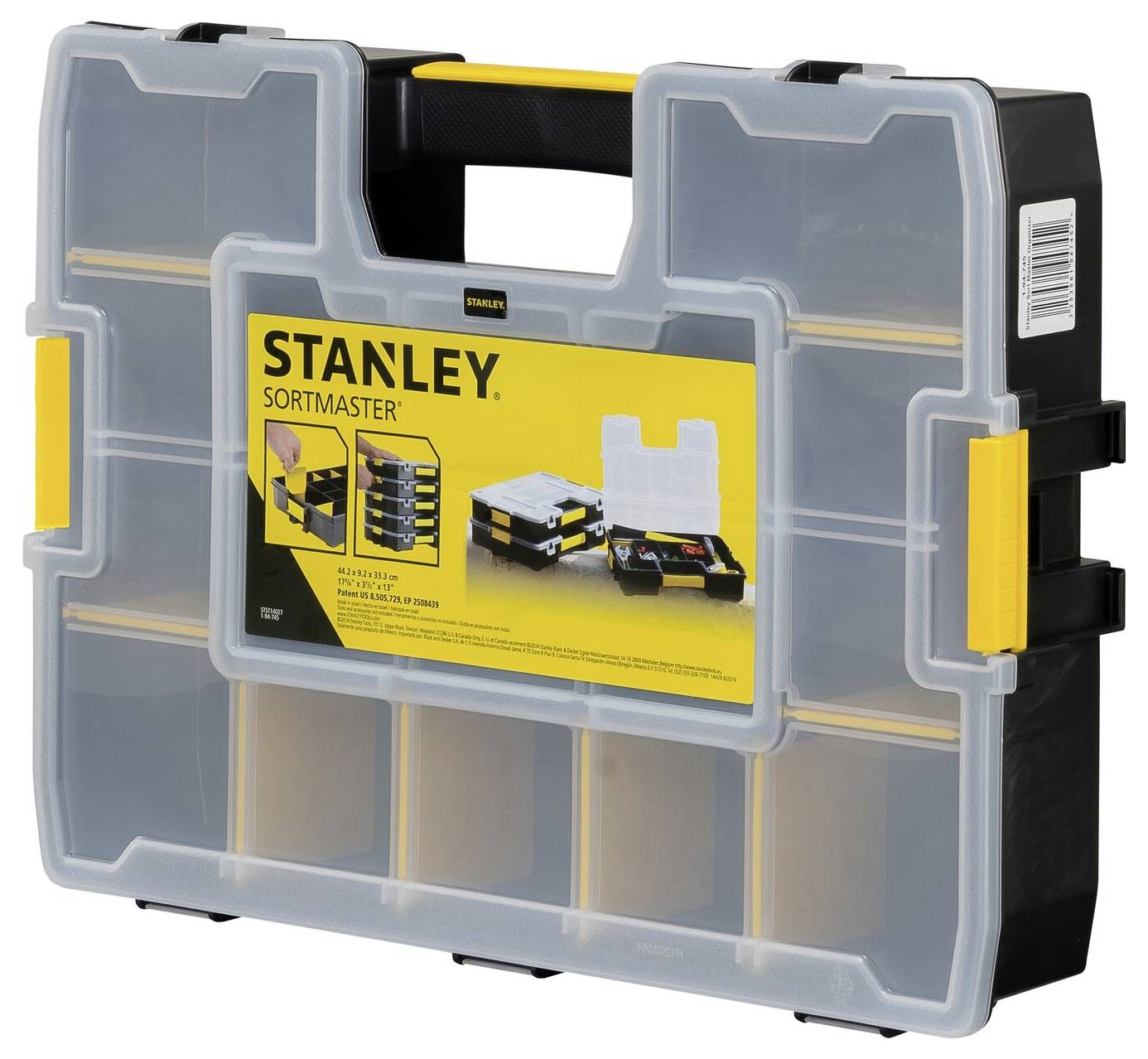 'STANLEY SortMaster Organiser' made of plastic with a transparent lid and yellow label. Contains adjustable compartments for tools.