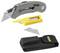 Folding multi-purpose knife with grey handle, replacement blade in yellow holder and black pouch.