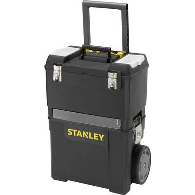 Black toolbox on wheels with extendable handle and 'Stanley' logo on the front. Contains multiple compartments.