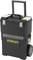 Black toolbox on wheels with extendable handle and 'Stanley' logo on the front. Contains multiple compartments.