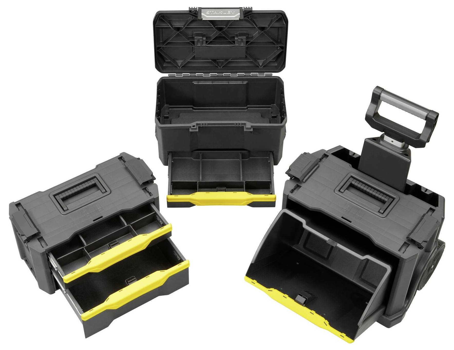 Three black tool cases in various configurations: an open box, a trolley with a handle, and two cases with drawers.