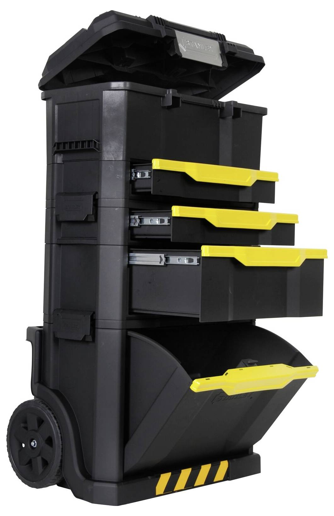 A black, mobile toolbox with multiple yellow drawers and compartments is pictured. Ideal for tools and accessories.
