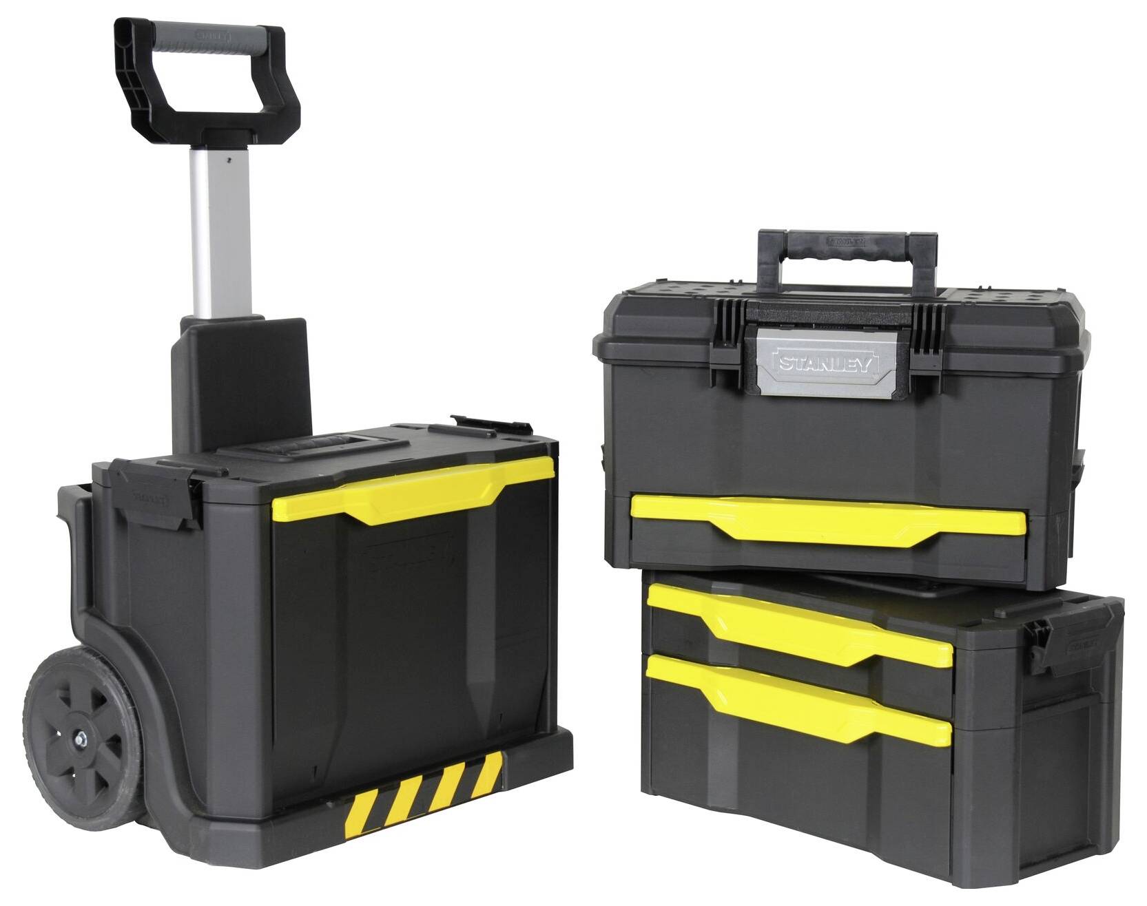 'Three black tool cases with yellow details, one with wheels and handle, two stackable. Brand logo on one case.'