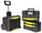 'Three black tool cases with yellow details, one with wheels and handle, two stackable. Brand logo on one case.'