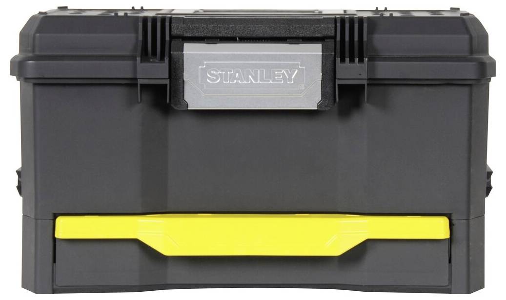 Black tool box with a yellow handle, brand visible on a silver badge.