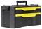 Black toolbox with two yellow handles and a top handle. Ideal for storing and transporting tools.