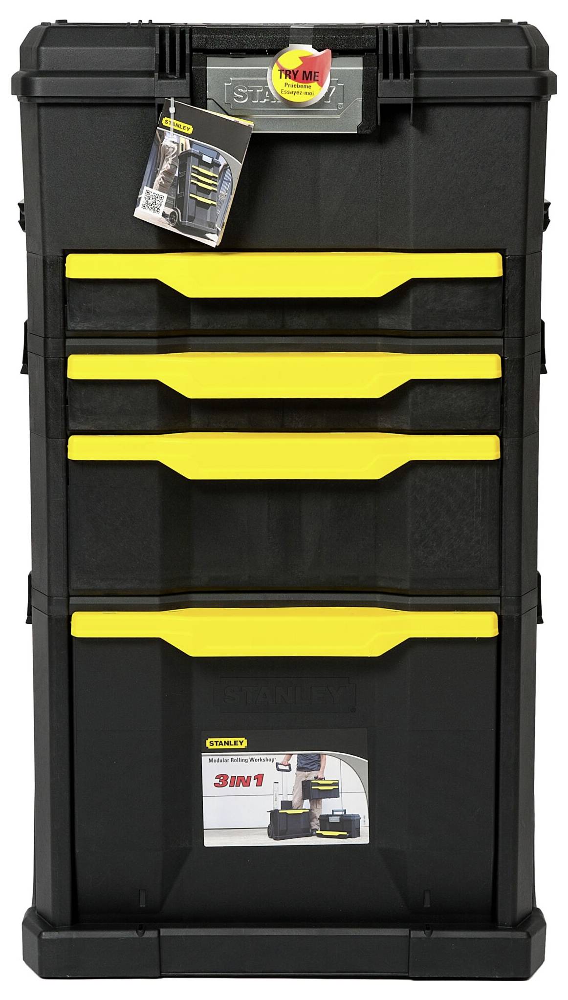 Black toolbox with yellow handles, comprising four drawers and an upper compartment with a transparent lid. Packaging label on top.