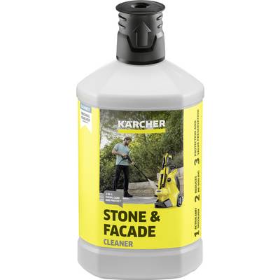 Cleaning solution bottle labeled 'Stone & Facade Cleaner' with image of a person using a pressure washer on a stone surface.