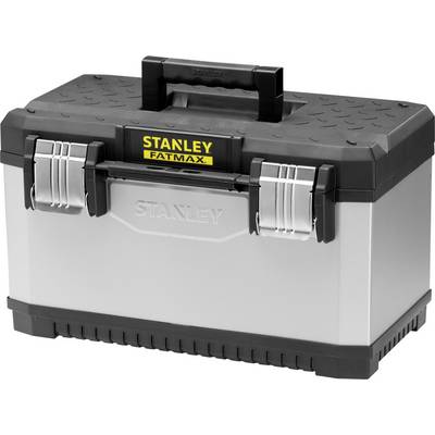 Silver toolbox with a black handle and yellow-black 'Stanley Fatmax' logo. Security latches at the front, suitable for heavy-duty use.