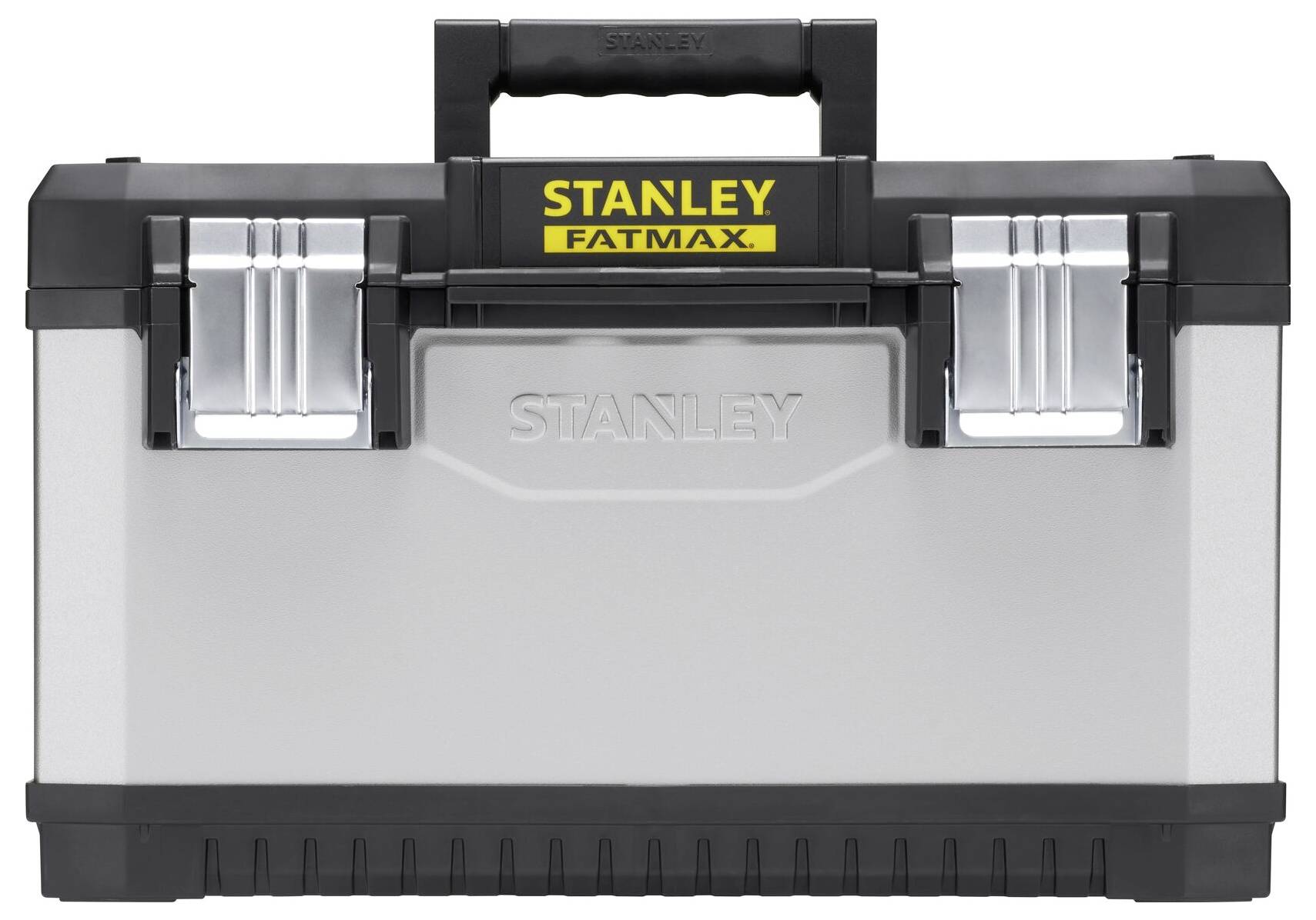 Tool case with 'STANLEY FATMAX' printed on the lid. Robust, silver construction with black elements and two metal loops.