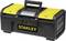 Black toolbox with a yellow lid and handle, the name 'Stanley' in yellow lettering on the front.