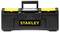 A black toolbox with yellow catches and a black handle. 'Stanley' is written in yellow letters on the front.