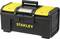 Black toolbox with yellow details and handle, 'STANLEY' brand, well-suited for storing and organising tools.