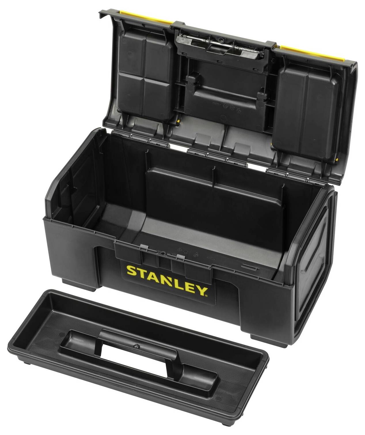 Black toolbox with open lid, yellow 'Stanley' logo at the front. Removable compartment lies beside it.