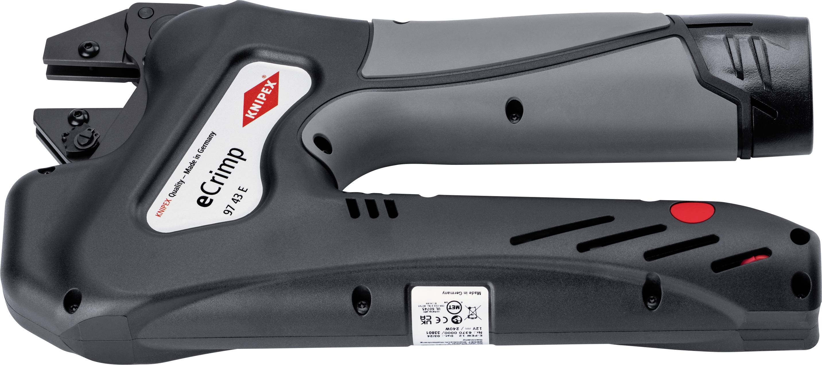 Electric crimping pliers by Knipex, model 'eCrimp 97 43 E', in black and grey. Tool for crimping electrical connectors.