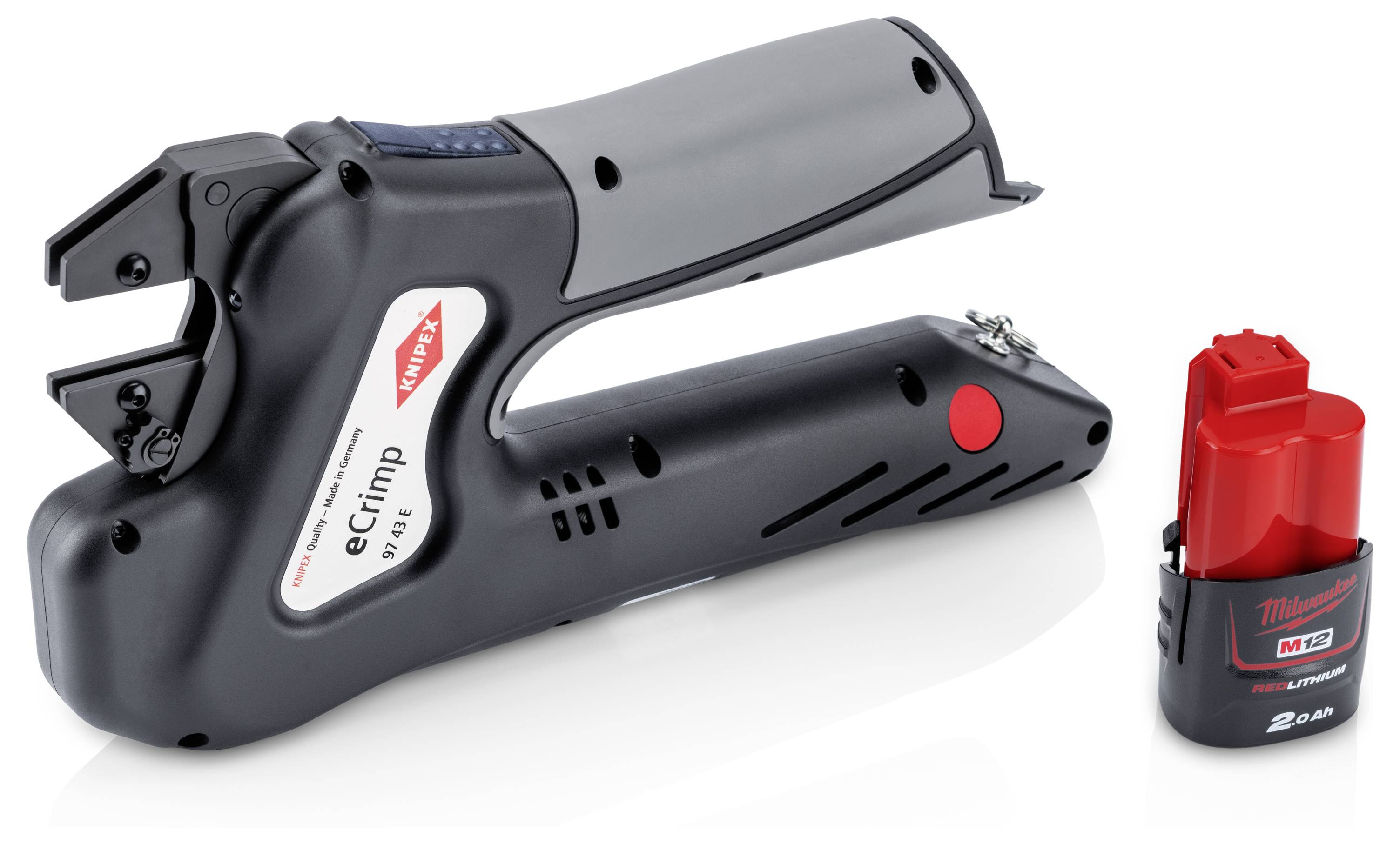 A black, electric crimping tool from Klauke lies next to a red, rechargeable battery from Milwaukee.