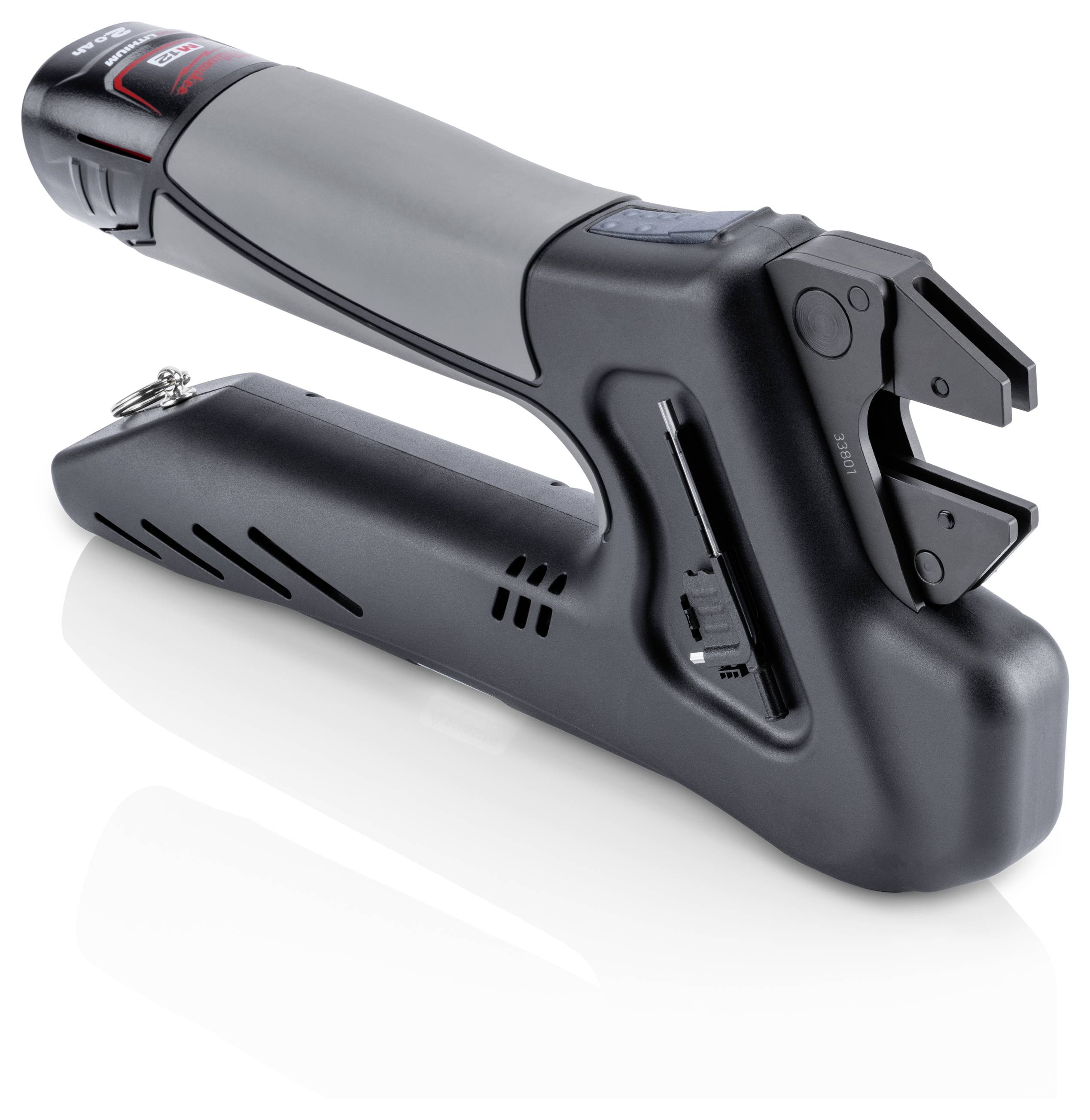 An electric tool with an ergonomic handle. It has a cutting area at the front and a trigger in the centre.