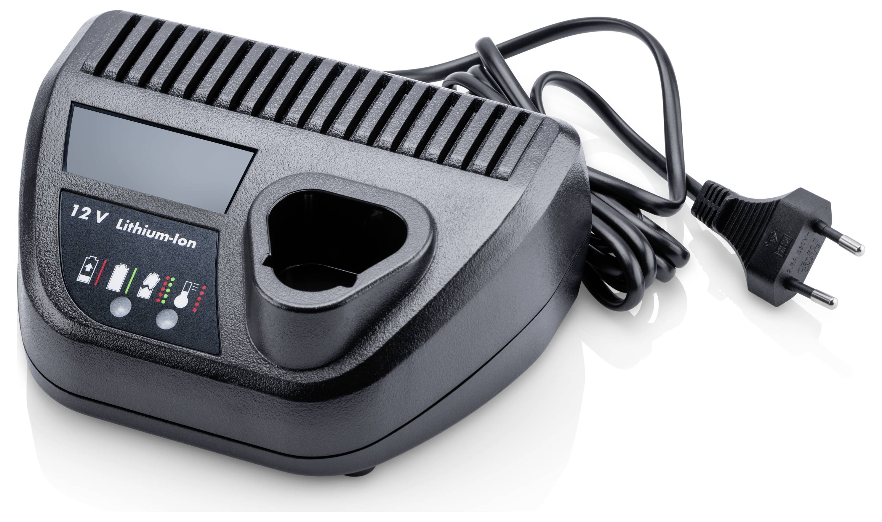 A black charger for 12 V lithium-ion batteries with indicator lights and a European plug.
