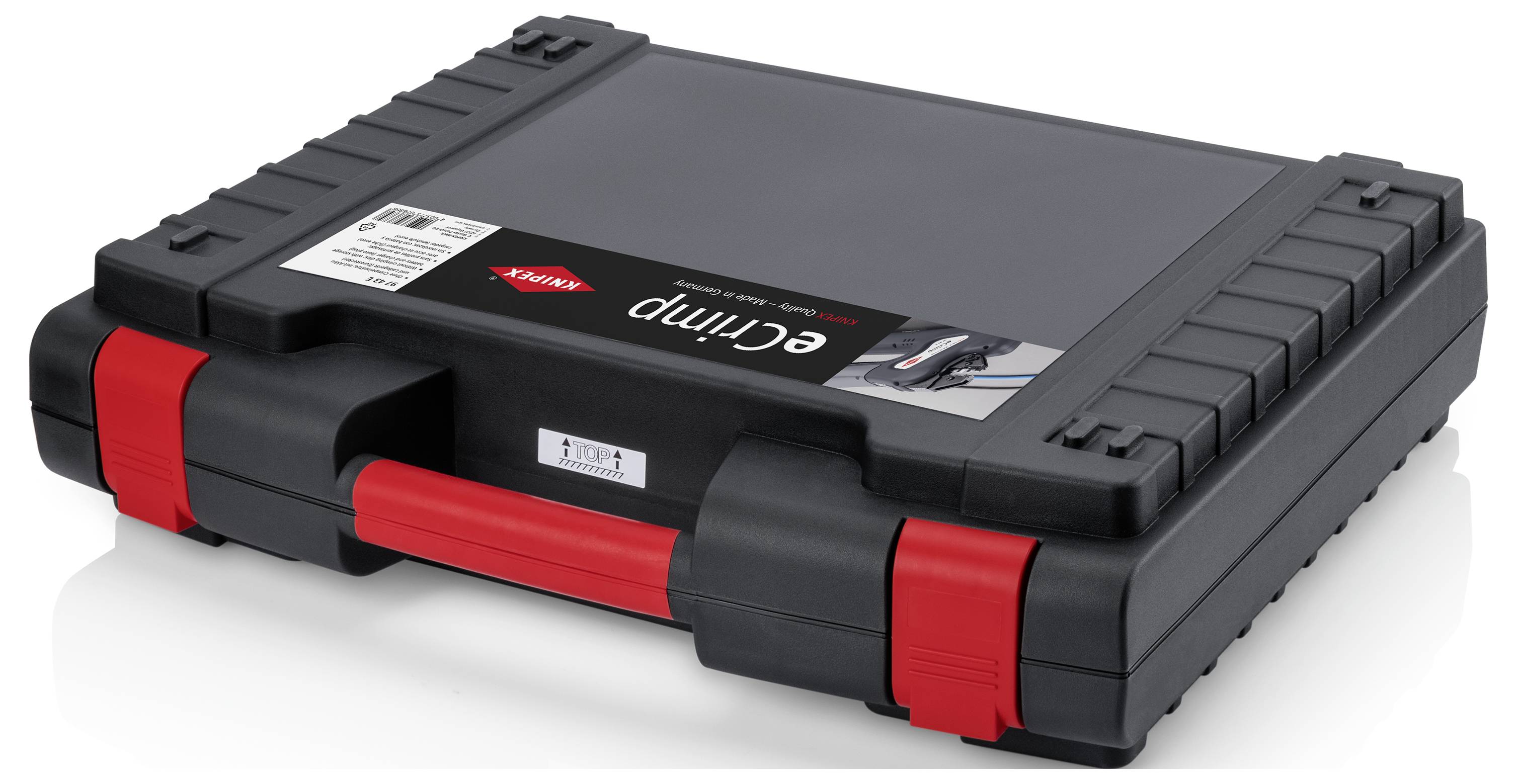 Black suitcase with a red handle and 'ecIMP' label on the front, likely for tools or technical equipment.