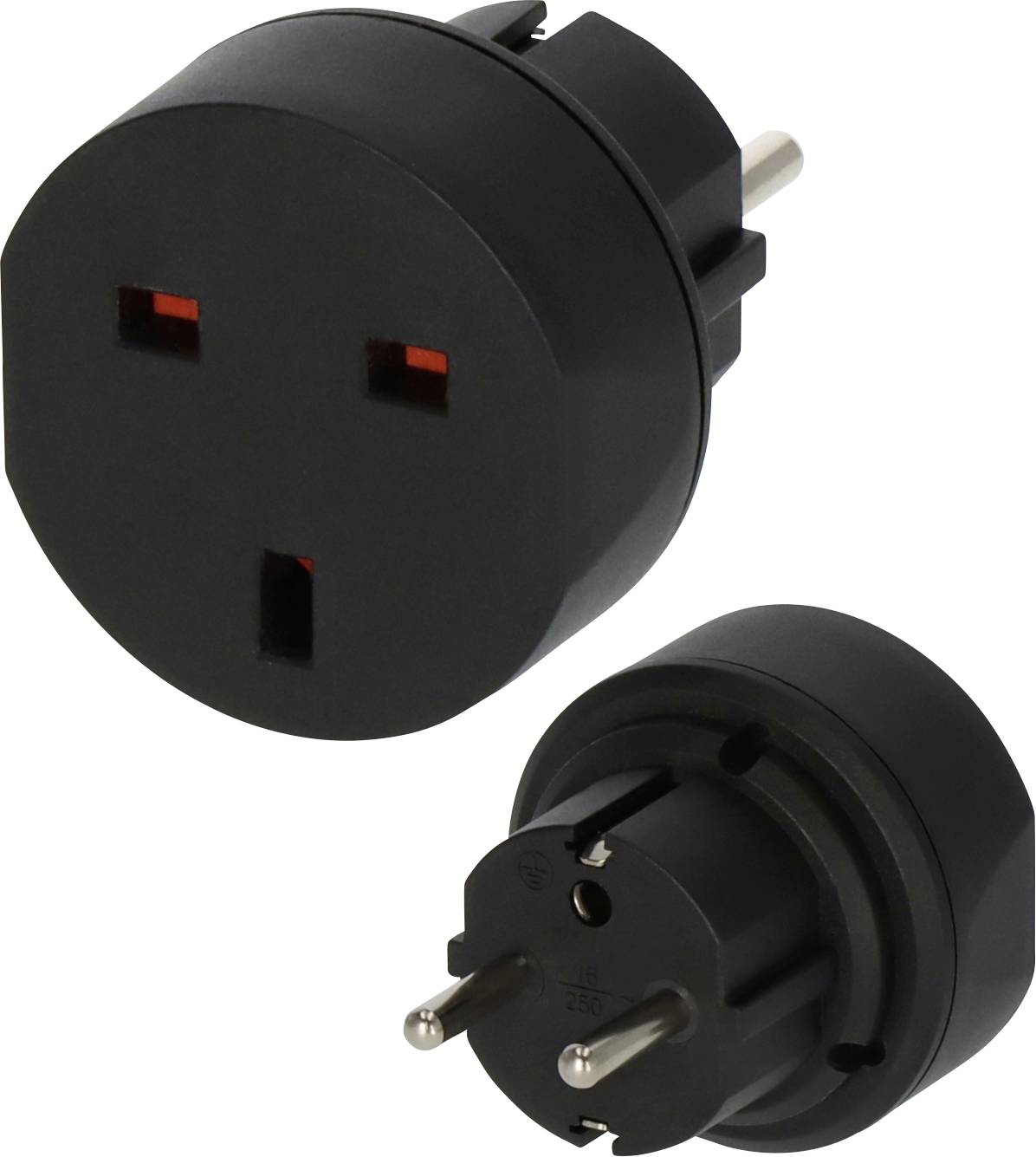 Black universal travel plug adapter with two plug styles shown, one face resembling a UK socket and one with European pins.