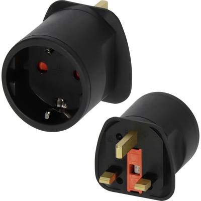 Two black plug adapters/power socket converters shown on a white background, one with EU-style round pin socket and one with UK three-pin plug.