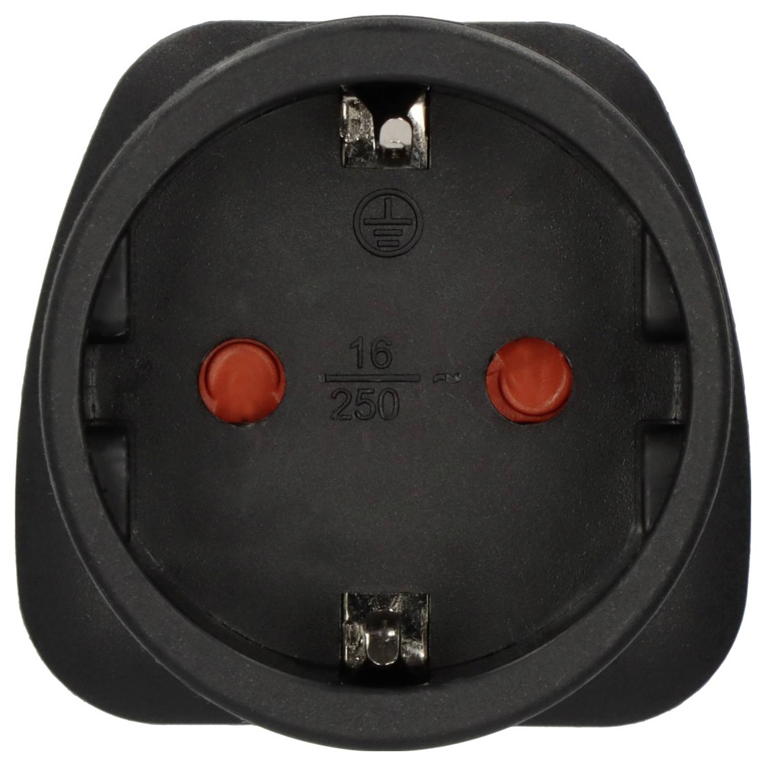 Close-up of a black electrical plug/socket connector with two red protective caps and grounding symbol, marked '16/250'.