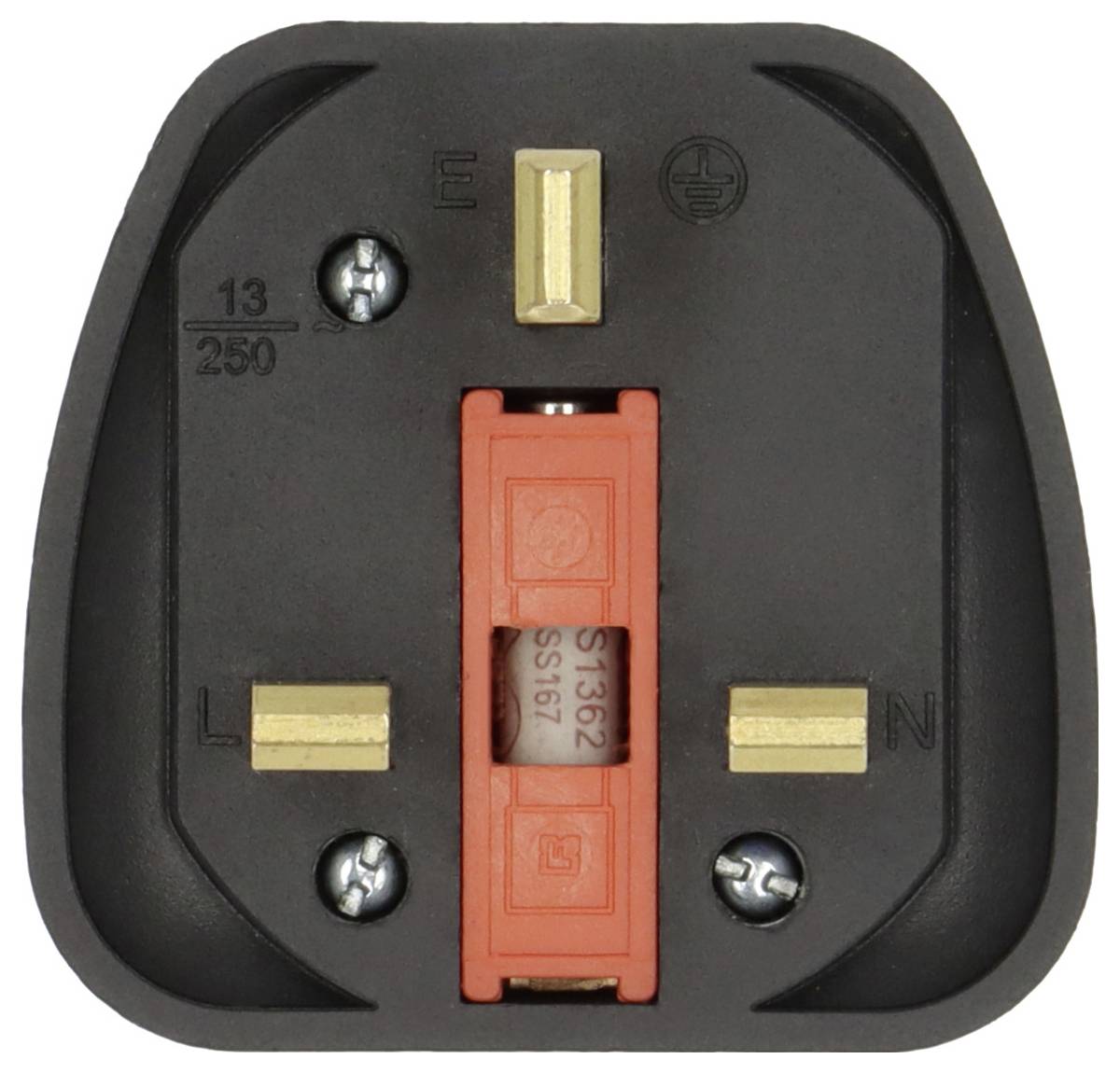 Black three-pin electrical plug adapter with brass prongs and red center fuse holder, labeled 13/250 and L, N, E.