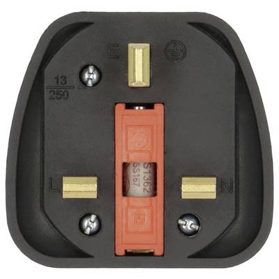 Black three-pin electrical plug adapter with brass prongs and red center fuse holder, labeled 13/250 and L, N, E.