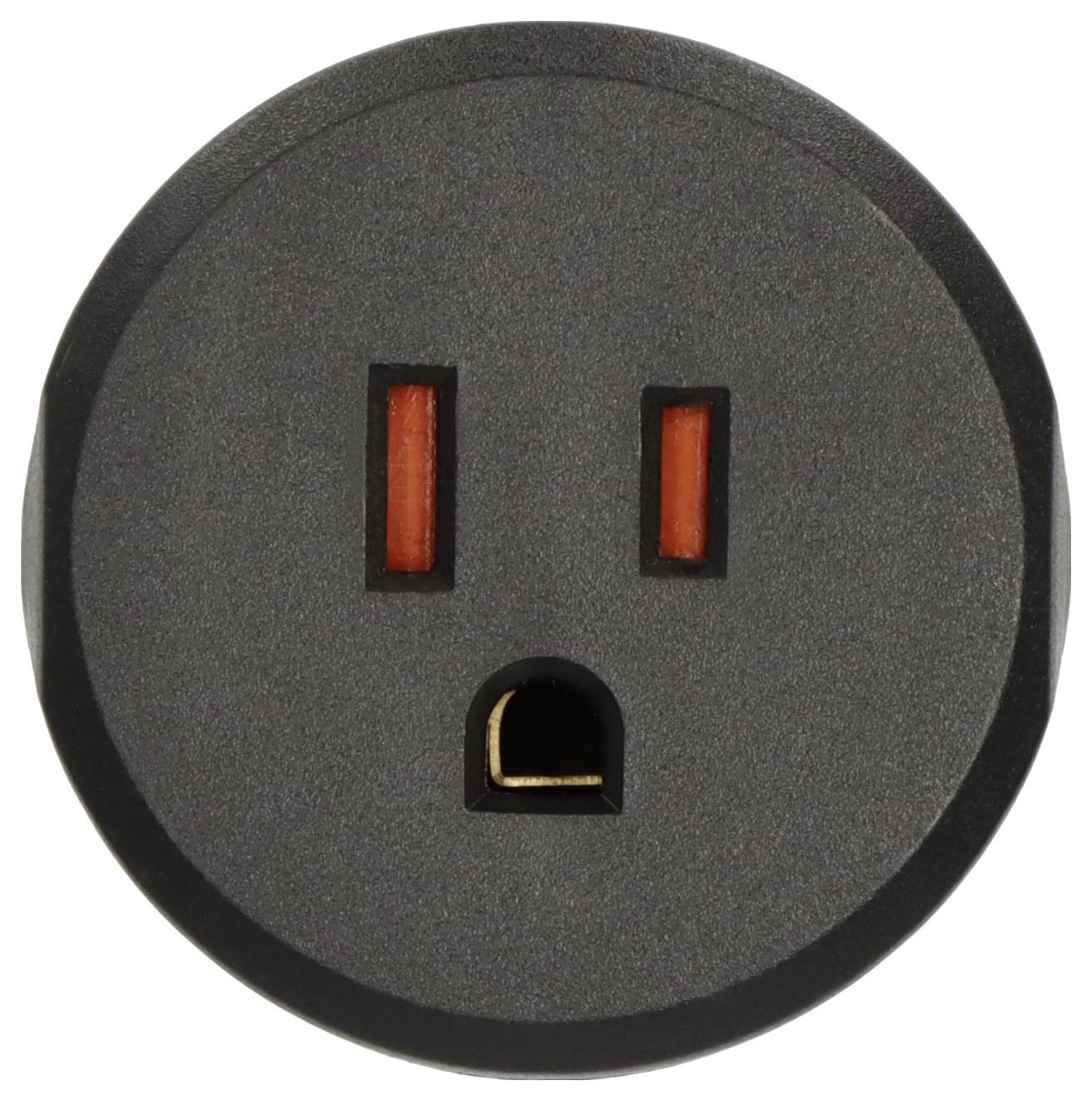 Close-up of a round black electrical outlet face with two vertical slots and a ground opening, shown on a white background.