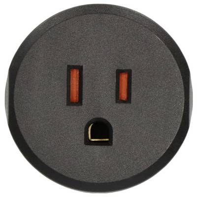 Close-up of a round black electrical outlet face with two vertical slots and a ground opening, shown on a white background.