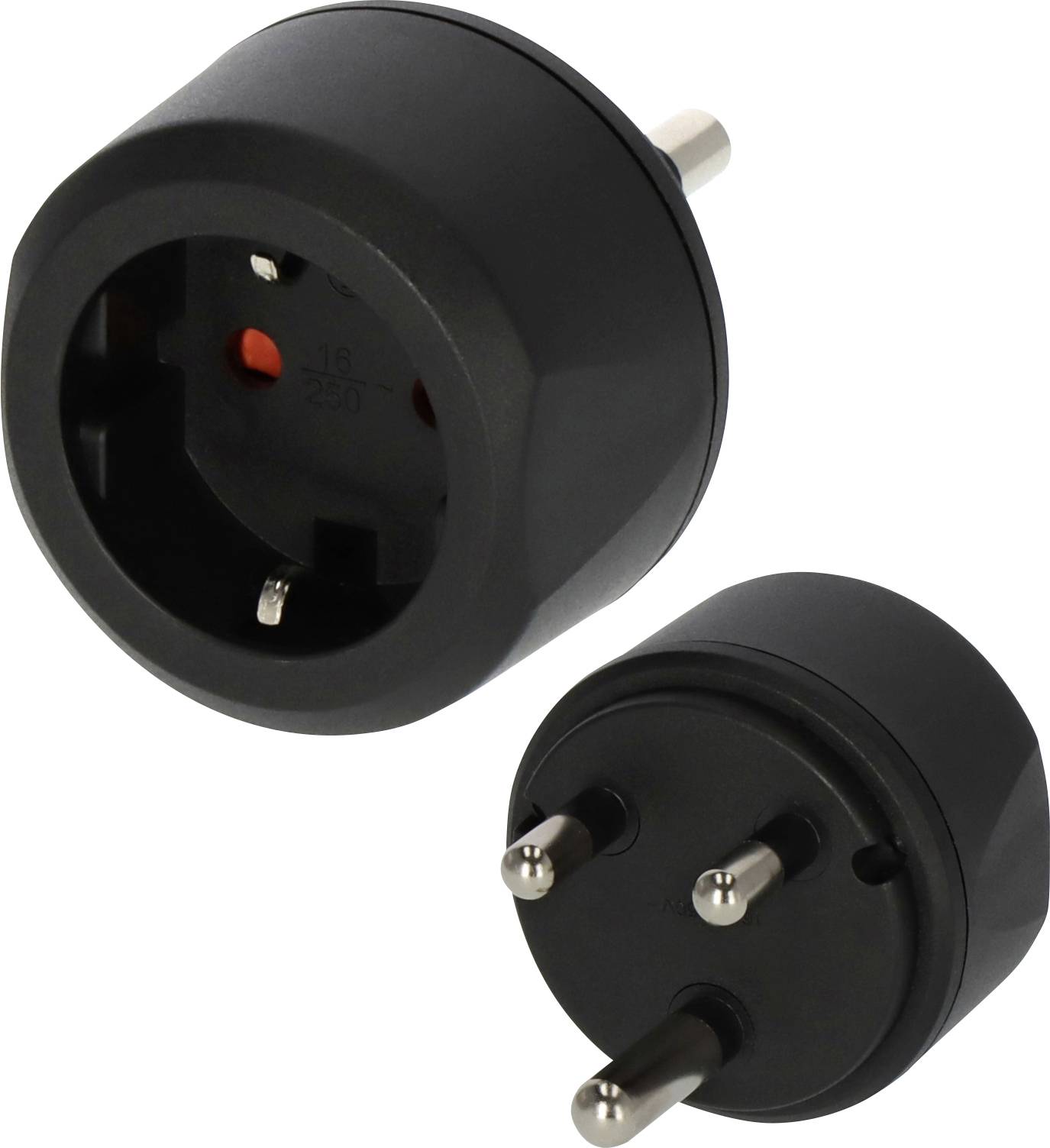 Black travel plug adapter with European and international socket and three round prongs, shown on a white background.