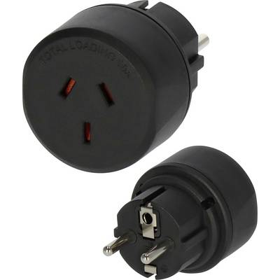 Black round power plug adapter with two different plug faces, shown front and back on a white background.