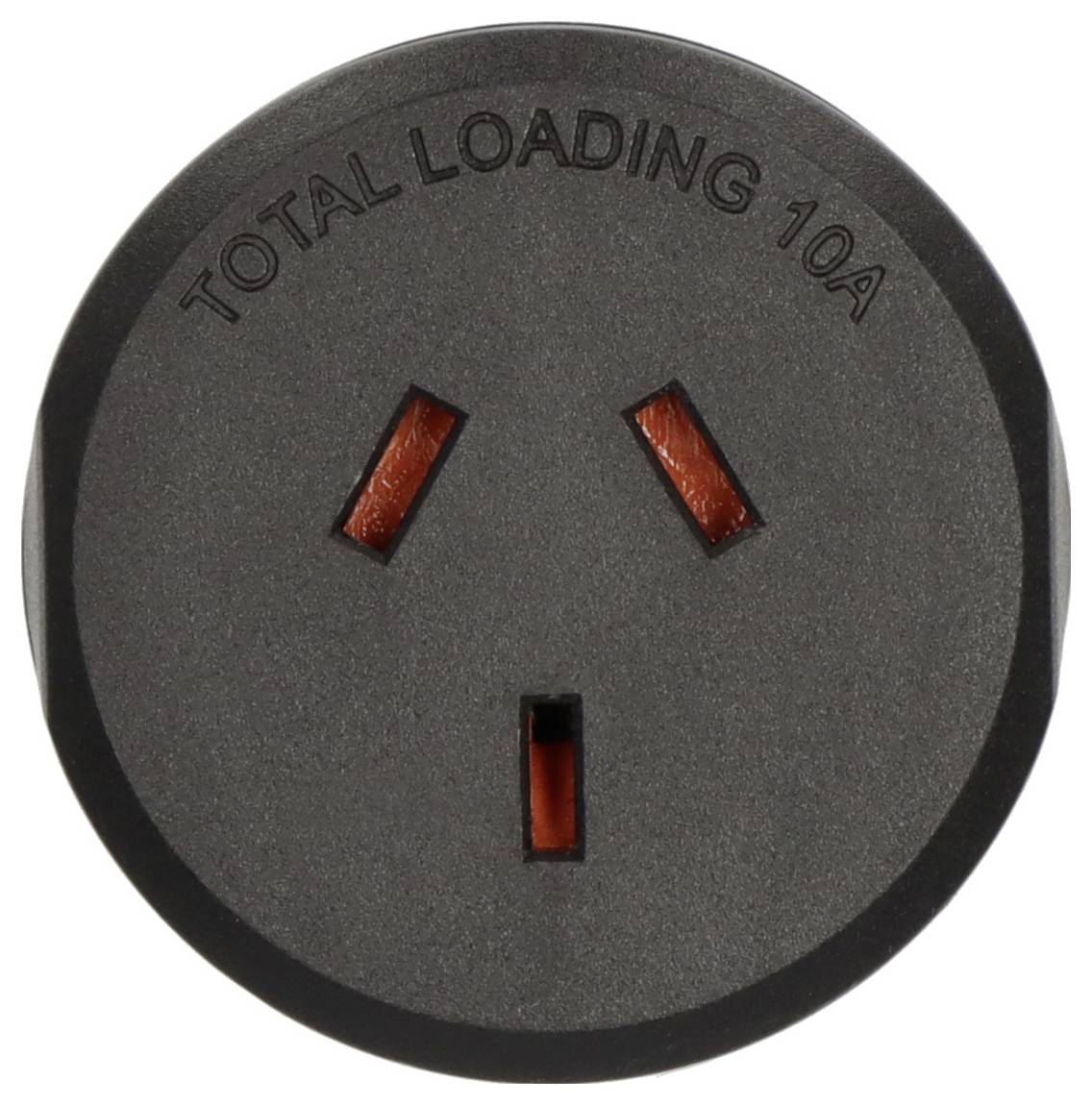 Black 10A electrical outlet with three slots and embossed text 'TOTAL LOADING 10A' around the top.