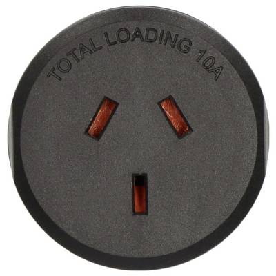 Black 10A electrical outlet with three slots and embossed text 'TOTAL LOADING 10A' around the top.
