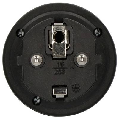 Close-up of a black circular electrical connector or socket with metal contact points and '16/250~' markings.