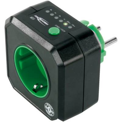 Black and green socket with LED indicators and large button. Energy meter for monitoring electricity consumption.