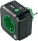 Black and green socket with LED indicators and large button. Energy meter for monitoring electricity consumption.