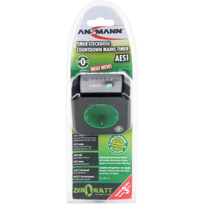 Packaging of an Ansmann countdown timer plug with green detail, countdown function, and energy-saving indicator.