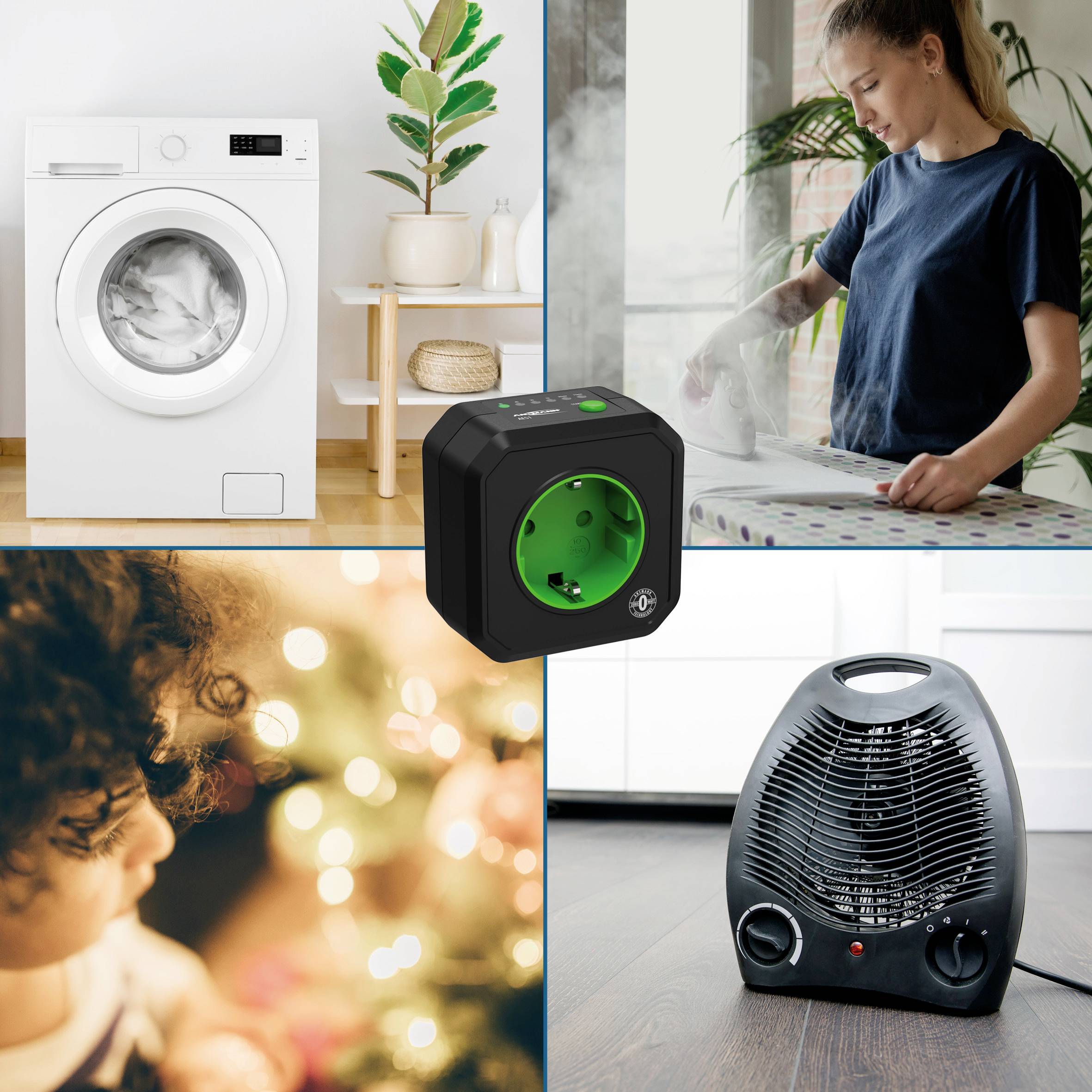 'Collection of four pictures: A washing machine, a black plug socket, a person ironing, and a child with Christmas lights.'