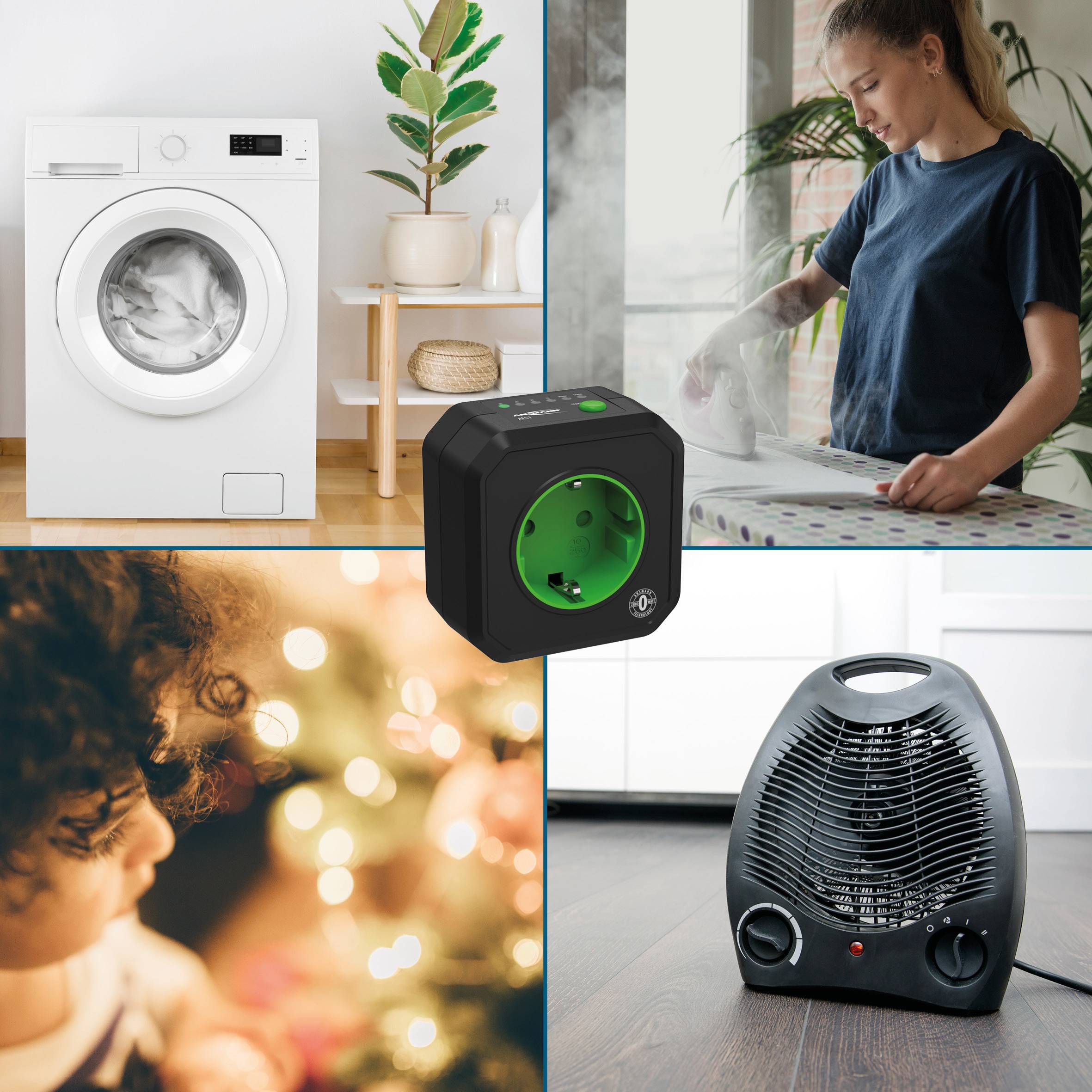 'Collage comprising a washing machine, a man ironing, a child in front of a Christmas tree, and an electric heater.'