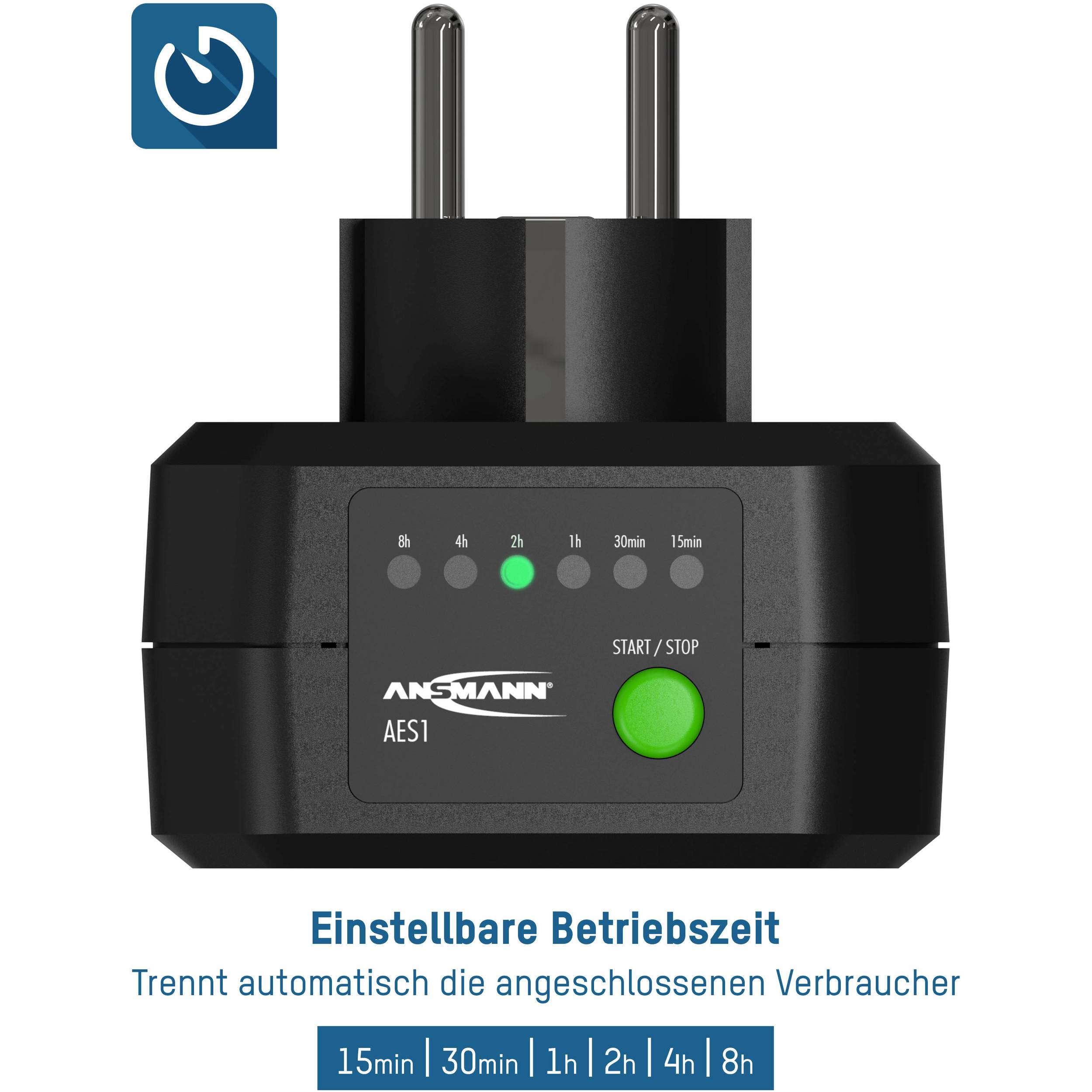 Socket adapter with adjustable operating time. Automatic disconnection of connected devices after 15 mins, 30 mins, 1hr, 2hrs, 4hrs, 8hrs.