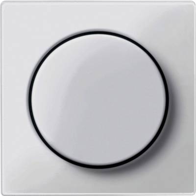 A round white light switch against a square silver background, for turning lamps on and off.