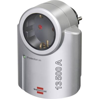 Portable surge protector adapter labeled '3500A' with a round socket and indicator light, shown in silver casing.