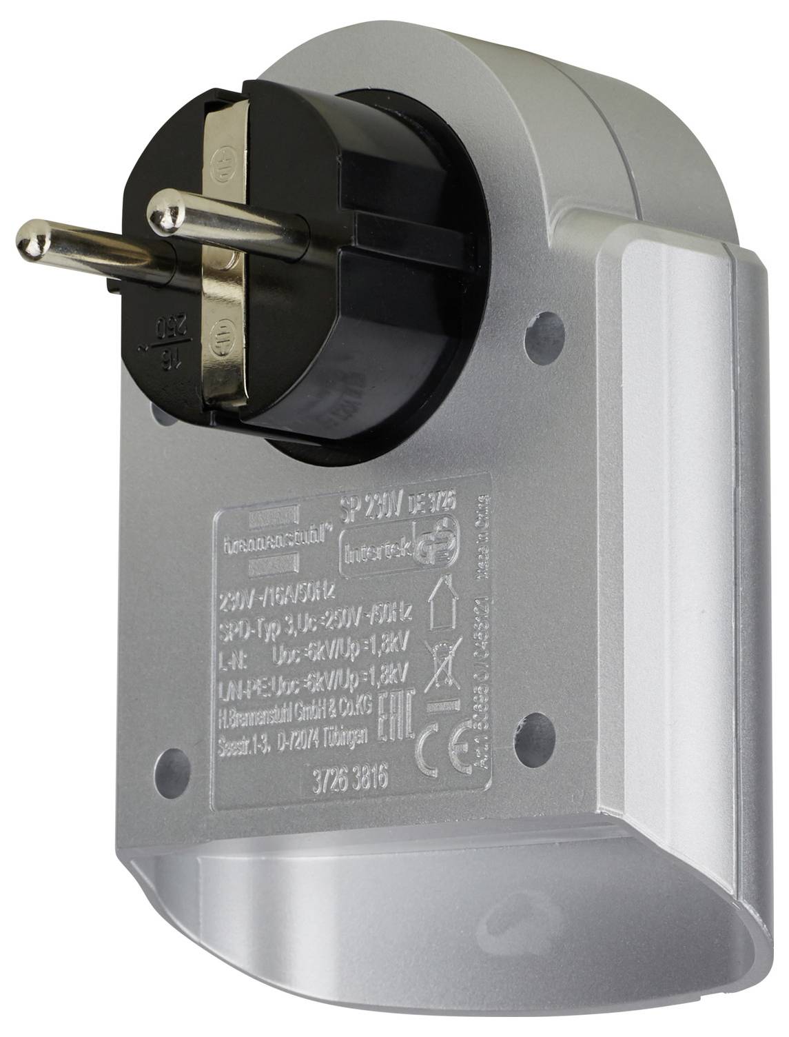 Grey universal travel plug adapter with three-prong European plug and black socket adapter on a white background.