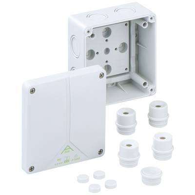 'White plastic connection box with removed lid, interior view shows drill holes and cable glands. Contains cable glands and blanking plugs.'