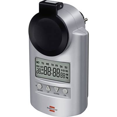Digital plug-in timer with LCD display, four control buttons, and rotary dial for setting on/off times and days of the week.